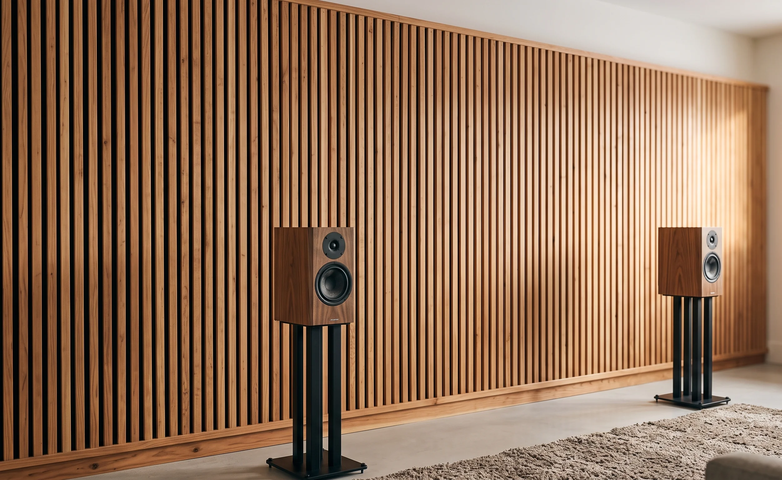 Architectural slatted oak wood wall paneling with acoustic dampening
