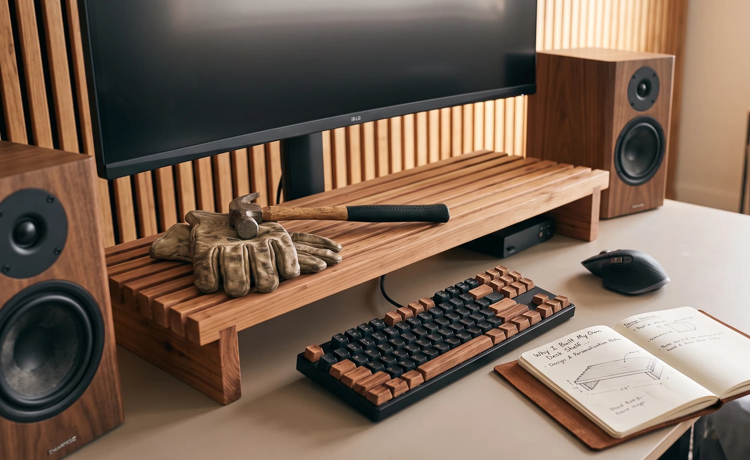 Custom walnut wood desk shelf elevating monitor with clean storage underneath