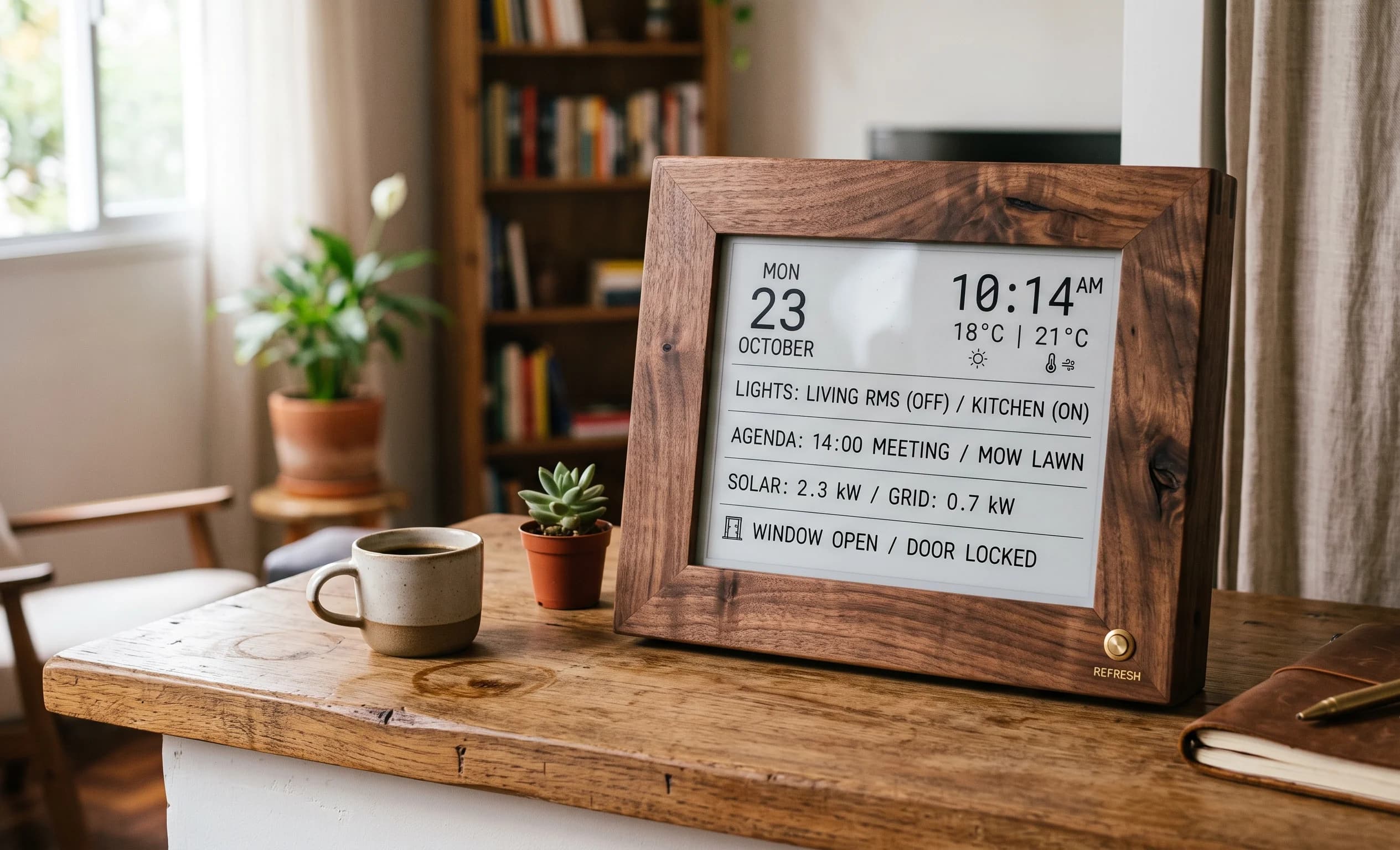 E-ink smart home dashboard enclosed in a solid wood frame mounted on wall