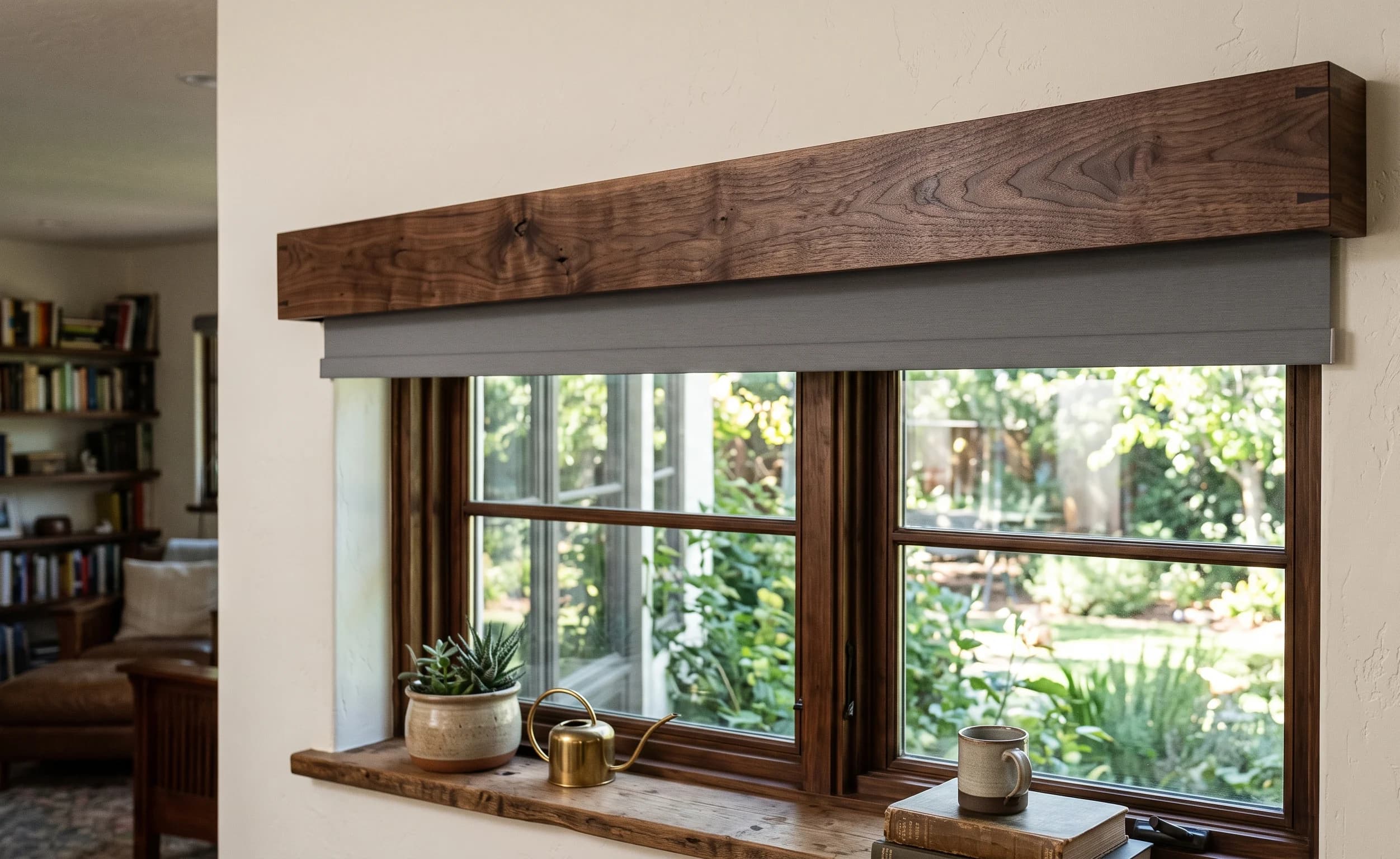 Custom white oak window valance concealing automated smart roller blinds