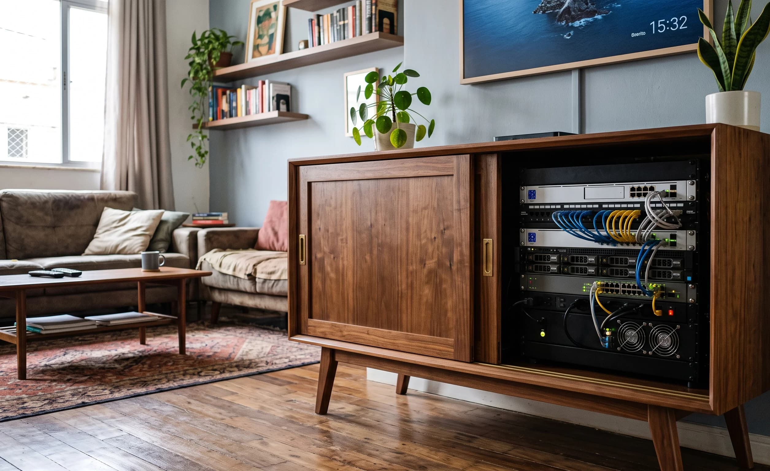 Mid-century walnut cabinet housing silent home server in living room