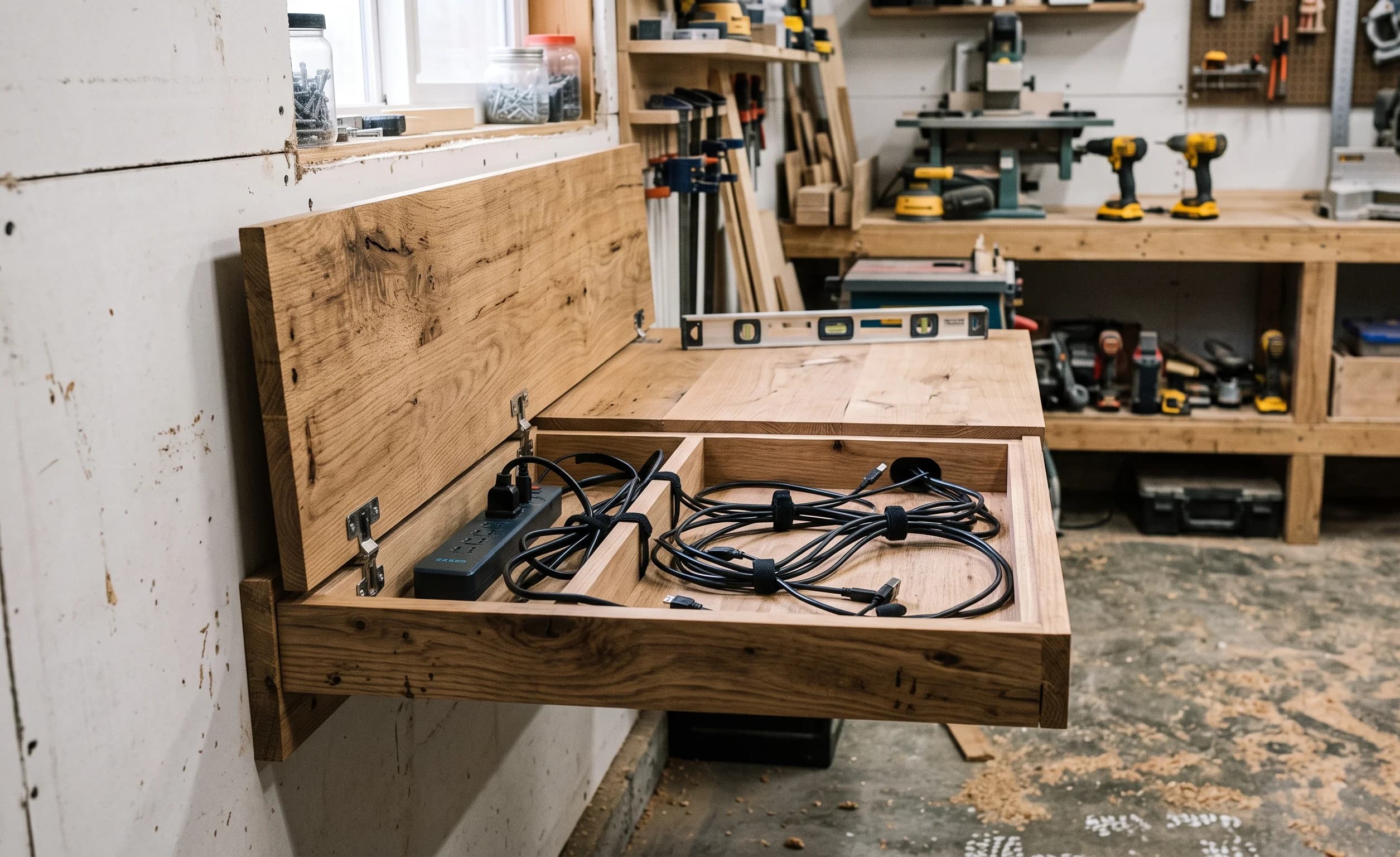 Solid white oak floating desk with clean workspace and invisible cables